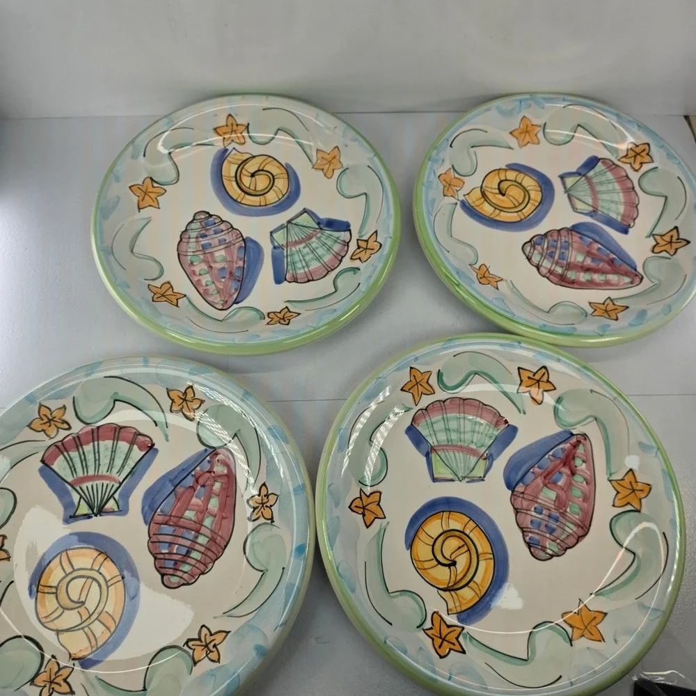 Set of 4 Bella Ceramica Seashell Starfish Coastal Dinner Plates Delray 10.5